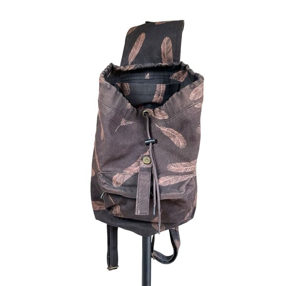 BAGGU  Black/Brown Feathers 100% Recycled Cotton Canvas Drawstring Backpack - Picture 8 of 10